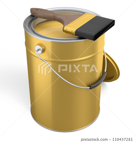 Open metal can or buckets with paint bristle brush on white background. Open metal can or buckets with paint bristle brush on white background. 110437281