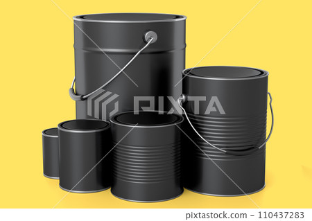 Set of metal can or buckets of paint in row pattern on yellow background. Set of metal can or buckets of paint in row pattern on yellow background. 110437283