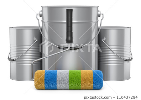 Set of metal can with paint roller for painting walls on white background. 110437284