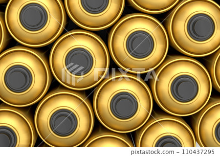Set of spray paint cans in row on white background. Spray bottle and dispenser 110437295