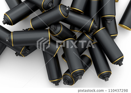 Lots of flying spray paint cans on white background. Spray bottle and dispenser 110437298