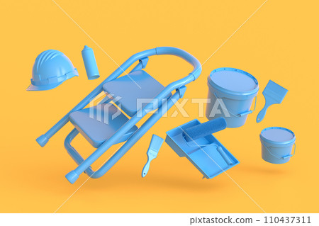 Set of folding ladder, bucket, helmet with paint rollers and brushes 110437311
