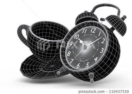 Vintage alarm clock with ceramic coffee cup on green background. Vintage alarm clock with ceramic coffee cup on green background. 110437330