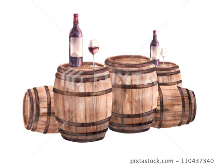 A group of wooden old barrels with bottles and glasses of red wine. Watercolour hand draw food illustration on white background. Wine making arrangement for print of sticker, drink menu, wine list A group of wooden old barrels with bottles and glasses of red wine. Watercolour hand draw food illustration on white background. Wine making arrangement for print of sticker, drink menu, wine list 110437340