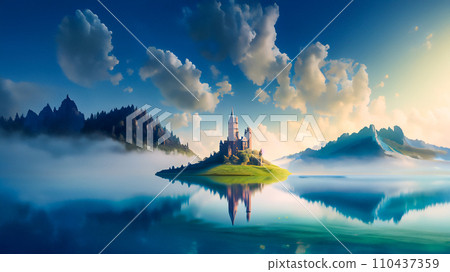 Illustration of a castle floating on a lake Illustration of a castle floating on a lake 110437359