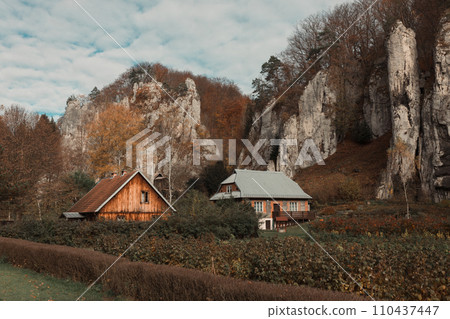 Traditional Architecture in Ojcow, Ojcow National Park, Krakow. Old village house in autumn day 110437447