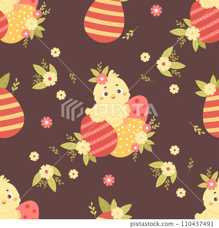 Seamless pattern cute chick with Easter egg on brown background with flowers. Vector illustration for paschal design, wallpaper, packaging, textile. Kids collection 110437491