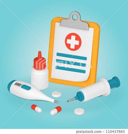 A Clipboard with a Red Cross. Medical equipment, thermometer, syringe, tablets, capsules. 3D vector illustration 110437665
