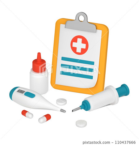 A Clipboard with a Red Cross. Medical equipment, thermometer, syringe, tablets, capsules. 3D vector illustration isolated on white background 110437666