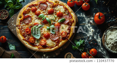 AI-generated content. Pizza with salami, mozzarella and tomatoes on a dark background. AI generated. AI-generated content. Pizza with salami, mozzarella and tomatoes on a dark background. AI generated. 110437770