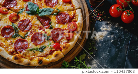 AI-generated content. Pizza with salami, mozzarella and tomatoes on a dark background. AI generated. 110437808