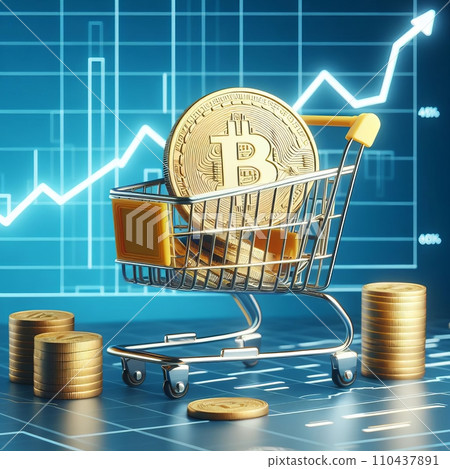 Create a 3D image of a plastic model full of bitcoin coins in a shopping cart. Create a 3D image of a plastic model full of bitcoin coins in a shopping cart. 110437891