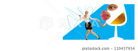 Banner. Contemporary art collage. Party mood. Glass of foamy, cold, refreshing beer dancing with young girl in official outfit after hard working week. 110437934