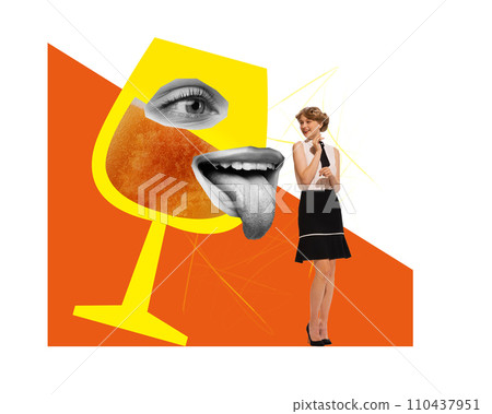 Contemporary art collage. Playful and flirty glass of cold light lager foamy beer looks at beautiful girl in retro clothes. 110437951