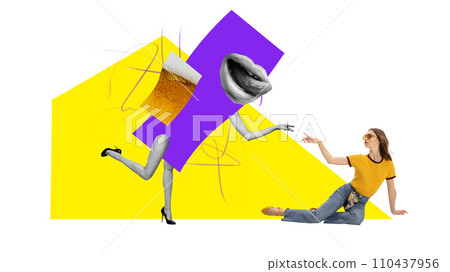 Contemporary art collage. Mug of cold lager beer licking lips reaches out to girl lying and stretching out her hand to him. 110437956