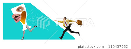 Banner. Contemporary art collage. Young man with business bag in official suit running for mug of cold refreshing foamy beer with playful facial-expression. Banner. Contemporary art collage. Young man with business bag in official suit running for mug of cold refreshing foamy beer with playful facial-expression. 110437962