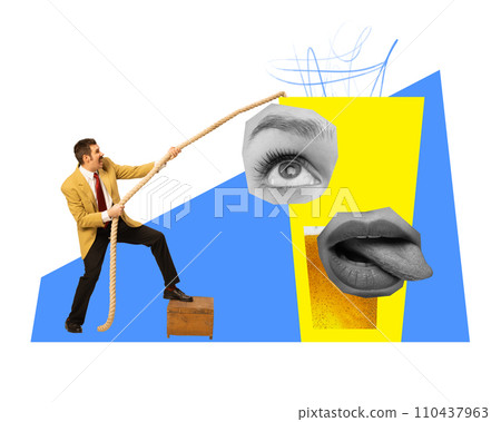 Contemporary art collage. Man in business retro suit threw rope into mug of cold foamy mug of beer with playful facial expression. Contemporary art collage. Man in business retro suit threw rope into mug of cold foamy mug of beer with playful facial expression. 110437963