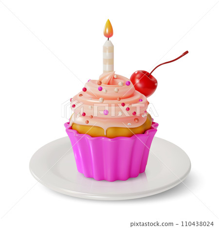 3d Cupcake with Candle Sweet Dessert Food Cartoon Style Isolated on a White Background. Vector illustration of Muffin with Cream 3d Cupcake with Candle Sweet Dessert Food Cartoon Style Isolated on a White Background. Vector illustration of Muffin with Cream 110438024
