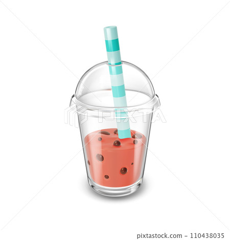 3d Bubble Tea in Takeaway Plastic Cup with Cap and Straw Cartoon Style. Vector illustration of Fresh Drink 110438035