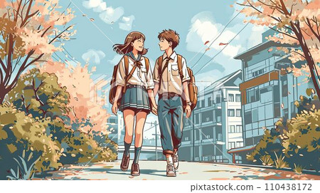 幾個高中生微笑著走著 幾個高中生微笑著走著 110438172