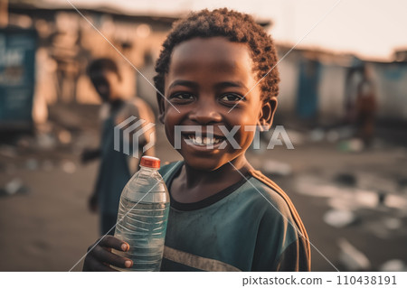 African boy with water bottle in hand. Black boy enjoying the water. African boy with water bottle in hand. Black boy enjoying the water. 110438191