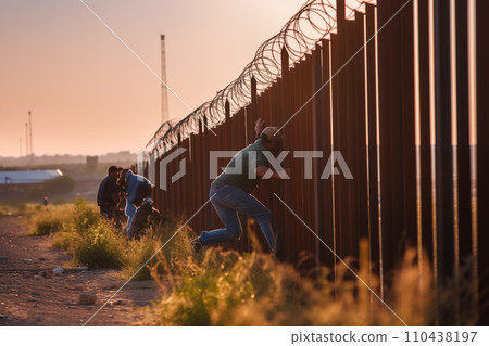 Refugees crossing border. Migrants cross border illegally. Refugees crossing border. Migrants cross border illegally. 110438197