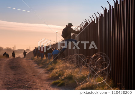 Refugees crossing border. Migrants cross border illegally. Refugees crossing border. Migrants cross border illegally. 110438200