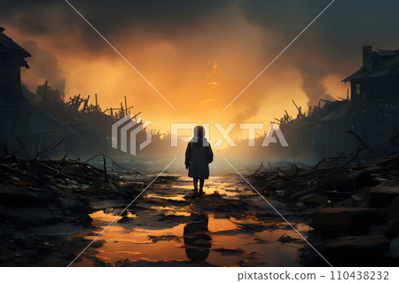 The image of the back of a girl standing looking at the ruins of a country destroyed by war and people starving. The image gives a feeling of hopelessness, depression, loss, separation from loved 110438232