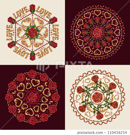 Valentines Day circular ornaments with hearts, red roses, spiral ribbons, text. Vintage style. For greeting card, wedding, engagement, event decoration. Valentines Day circular ornaments with hearts, red roses, spiral ribbons, text. Vintage style. For greeting card, wedding, engagement, event decoration. 110438254