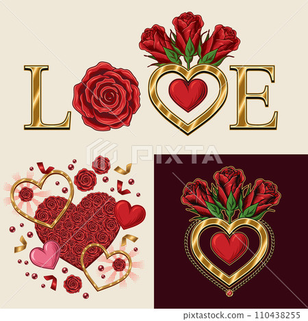 Valentines Day compositions with golden hearts, bouquet with red roses. Jewelry design elements for greeting card, wedding, engagement event decoration. Vintage style Valentines Day compositions with golden hearts, bouquet with red roses. Jewelry design elements for greeting card, wedding, engagement event decoration. Vintage style 110438255