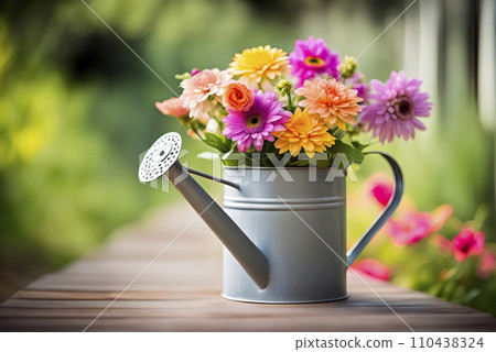 A bouquet of summer flowers in a garden watering can against a background of green grass. 110438324