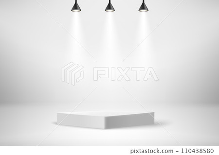 White illuminated stage with projectors and podium. 3d vector illustration 110438580