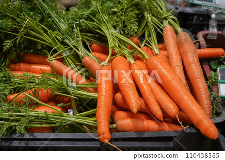 Fresh and sweet carrot in the grocery store. fresh vegetables 110438585