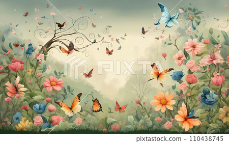Beautiful fairytale floral landscape with butterflies with bright colors. Picture for design of books and fairy tales 110438745