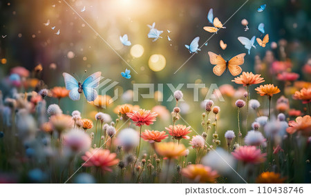 Beautiful floral landscape with butterflies with bright colors. Picture for design of books and fairy tales 110438746