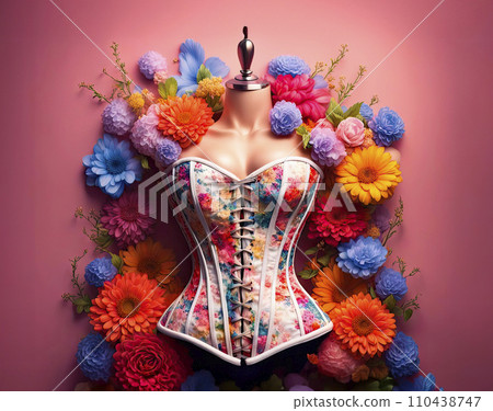 Women's floral print corset decorated with fresh summer flowers. Modern fashionable style of clothing 110438747