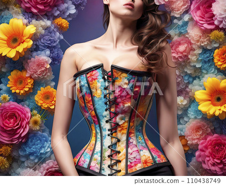 Women's floral print corset decorated with fresh summer flowers. Modern fashionable style of clothing Women's floral print corset decorated with fresh summer flowers. Modern fashionable style of clothing 110438749