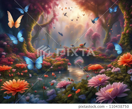 Beautiful fairytale floral landscape with butterflies with bright colors. Picture for design of books and fairy tales Beautiful fairytale floral landscape with butterflies with bright colors. Picture for design of books and fairy tales 110438750