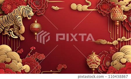 Stunning Chinese New Year Papercut Banner with Artistic Tiger, Golden Lines, and Floral Accents on Red, Ideal for Festive Advertising and Cultural Celebrations, Ai generative 110438867