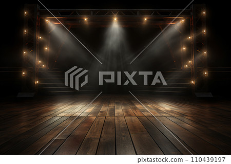 Dramatic Spotlight Illuminates Empty Wooden Stage Dramatic Spotlight Illuminates Empty Wooden Stage 110439197
