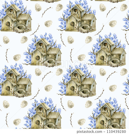 Watercolor spring floral Easter seamless pattern with wooden birdhouse, pale pastel eggs and lilac blue flowers on white background for packing, textile, kitchen design. Cozy romantic texture Watercolor spring floral Easter seamless pattern with wooden birdhouse, pale pastel eggs and lilac blue flowers on white background for packing, textile, kitchen design. Cozy romantic texture 110439280