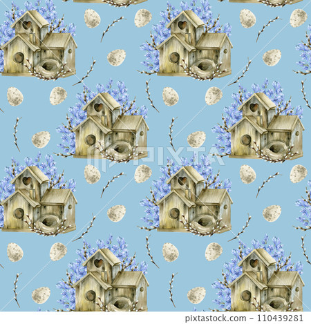 Watercolor spring floral Easter seamless pattern with wooden birdhouse, pale pastel eggs and lilac blue flowers on blue background for packing, textile, kitchen design. Cozy romantic texture Watercolor spring floral Easter seamless pattern with wooden birdhouse, pale pastel eggs and lilac blue flowers on blue background for packing, textile, kitchen design. Cozy romantic texture 110439281