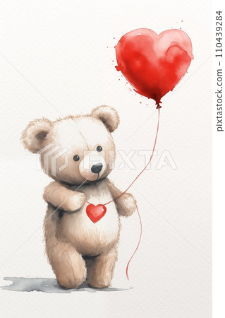 AI-generated content. Cute teddy bear with red heart balloon on white. Valentine's day card, hand drawing style 110439284