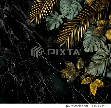 tropical leaves and monstera on a marble background 110439552