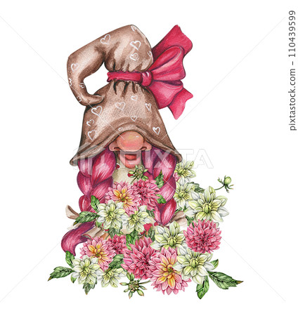 Composition with Valentines Nordic gnomes, Scandinavian gnomes and flowers. Cute valentine's day postcard. Watercolor elements for birthday,cake, holiday celebration design, greetings card,invitation. Composition with Valentines Nordic gnomes, Scandinavian gnomes and flowers. Cute valentine's day postcard. Watercolor elements for birthday,cake, holiday celebration design, greetings card,invitation. 110439599