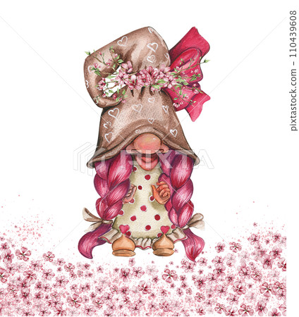 Composition with Valentines Nordic gnomes, Scandinavian gnomes and flowers. Cute valentine's day postcard. Watercolor elements for birthday,cake, holiday celebration design, greetings card,invitation. 110439608
