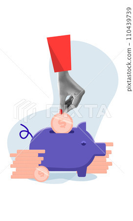 Contemporary art collage. Unrecognizable woman saving money and put it to money box pig. Wealth and financial concept. Contemporary art collage. Unrecognizable woman saving money and put it to money box pig. Wealth and financial concept. 110439739
