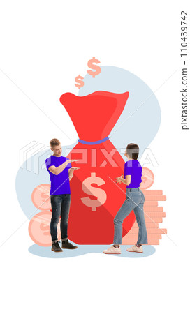 Contemporary art collage. Family finances. Young couple standing near red bag with money and trying to divide money from it equally. Contemporary art collage. Family finances. Young couple standing near red bag with money and trying to divide money from it equally. 110439742