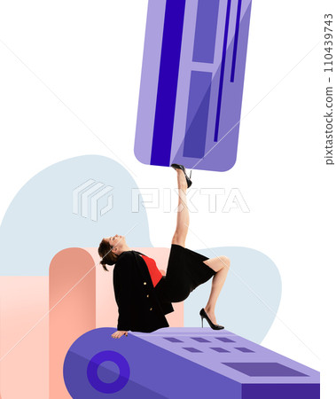 Contemporary art collage. Young woman in business suit carrying on leg huge banking, debt card and sitting on terminal. Contemporary art collage. Young woman in business suit carrying on leg huge banking, debt card and sitting on terminal. 110439743