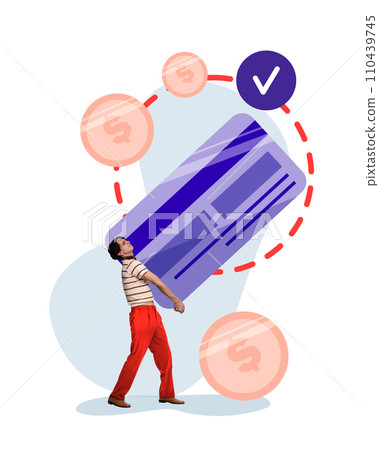 Contemporary art collage. Young man dressed casual outfit carrying huge banking card and money spinning around it. Business and salary. 110439745